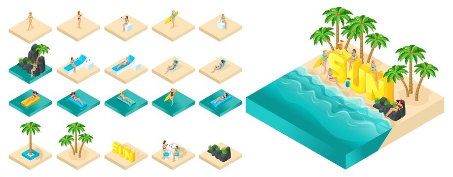 Isometric vector 3d girls in a swimsuit, a set for creating beautiful illustrations on a summer theme. Beach with beautiful sea waves
