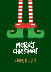 Merry Christmas and Happy New Year - Funny Elf's legs. Santa's little helper. Hand drawn lettering for Xmas greetings cards, invitations. Good for t-shirt, mug, gift, printing press. Little Elf.