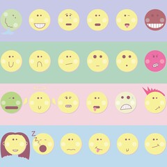 A set of 24 original design emoticons. Cartoon vector smiles. Expression of emotions for social networks. Funny icons. Round vector faces.