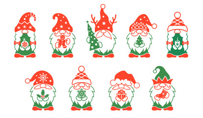 Set of Christmas gnomes. Cute holiday characters with gifts and christmas symbols. Collection of vector signs, icons and design elements.