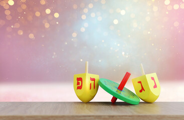 Image of jewish holiday Hanukkah with wooden dreidels collection (spinning top) over glitter background