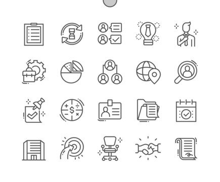 Business Essential. Planning And Timing. Target Audience Search And Purpose. Working Process. Management And Strategy. Pixel Perfect Vector Thin Line Icons. Simple Minimal Pictogram