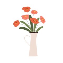 Flower bouquet in vase. Fresh cut floral bunch in jug. Beautiful garden blooms in ceramic pitcher. Delicate blossomed buds. Spring plant. Flat vector illustration isolated on white background