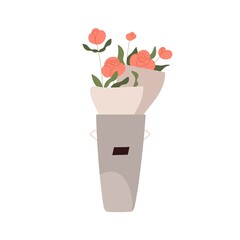 Flower bouquets in bucket. Floral bunches in paper wrapping in metal vase. Cut fresh posies of blooming roses. Garden flora for sale. Flat vector illustration of plant isolated on white background