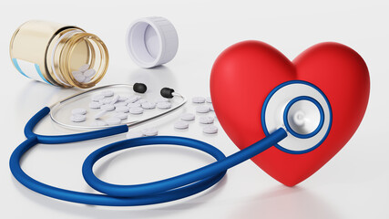 Stethoscope, medicine bottle and heart on white background. The tablets are scattered. Medical equipment. 3D rendered illustration.