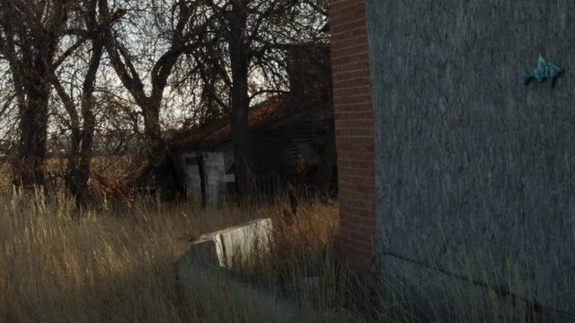 An old abandoned farm with dark spooky haunted looking buildings and trees.