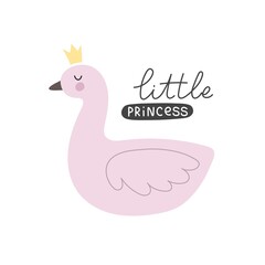 little princess. Cartoonswan, hand drawing lettering. colorful vector illustration, flat style. baby design for cards, t-shirt print, poster