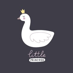 little princess. Cartoonswan, hand drawing lettering. colorful vector illustration, flat style. baby design for cards, t-shirt print, poster