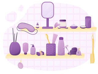 Spa relax and body care elements in bathroom set. Cosmetology treatment for women beauty. Digital vector illustration