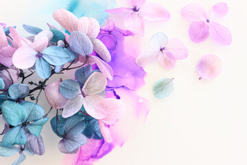 Creative image of pink and turquoise Hydrangea flowers on artistic ink background. Top view with copy space