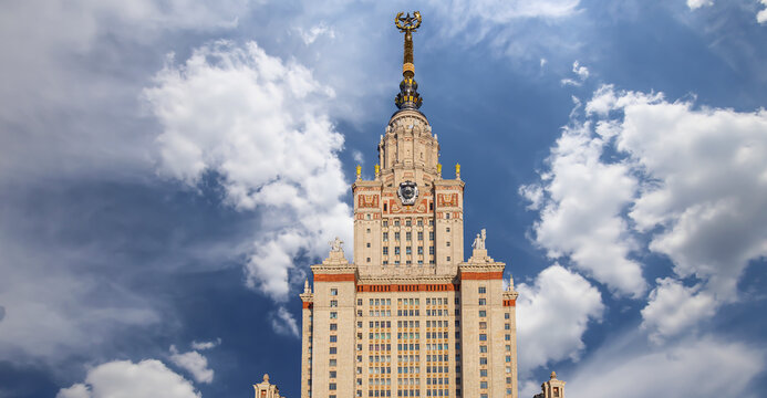 The Main building of Lomonosov Moscow State University on Sparrow Hills (on the background of the sky with clouds). It is the highest-ranking Russian educational institution. Russia