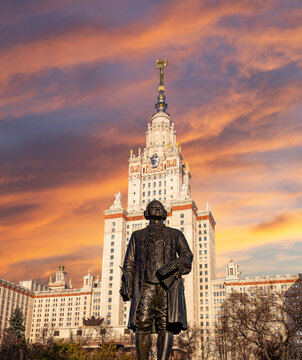 View of the monument to Mikhail Vasilyevich Lomonosov (sculptor N. V. Tomsky and architect L. V. Rudnev, 1953)from building of Moscow State University (MSU), on the background of the sky, Russia