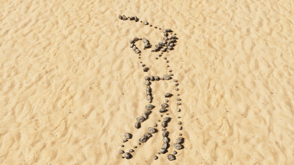 Concept conceptual stones on beach sand handmade symbol shape, golden sandy background, golf player sign. A 3d illustration metaphor for sport, competition, recreation, leisure, lifestyle and hobby