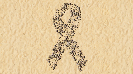 Concept conceptual stones on beach sand handmade symbol shape, golden sandy background, breast cancer symbol. 3d illustration metaphor for awareness, solidarity, life, prevention, support, help, cure