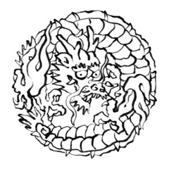 毛筆のイラスト・丸まっている中国風の龍　東洋のドラゴン　辰　中国　筆絵　墨　シンプル　モノクロ