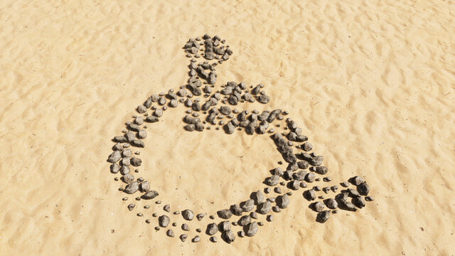 Concept conceptual stones on beach sand handmade symbol shape, golden sandy background, wheel chair sign. 3d illustration metaphor for rehabilitation, assistance, accessibility, mobility, safety  help