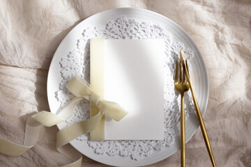 Wedding mockup card 5x7 with gold cutlery