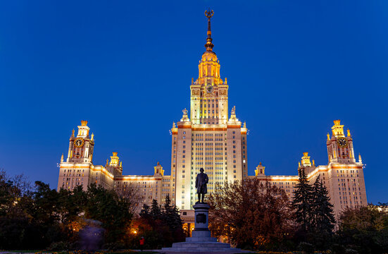 The Main building of Lomonosov Moscow State University on Sparrow Hills (autumn evening). It is the highest-ranking Russian educational institution. Russia