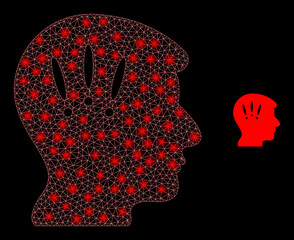 Glossy polygonal mesh web headache icon with glow effect on a black background. Network headache iconic vector with flash dots in vibrant colors. Abstract flat mesh is designed with polygonal grid,