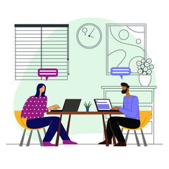 Young freelancers working together using laptops in the office. Vector illustration.