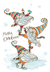 Christmas card with a fun cute family of Nordic gnomes with gifts. Watercolors and graphics. Doodle style