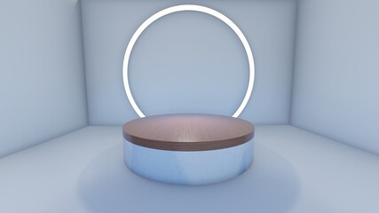 White marble product display podium with fern leaves. 3D rendering