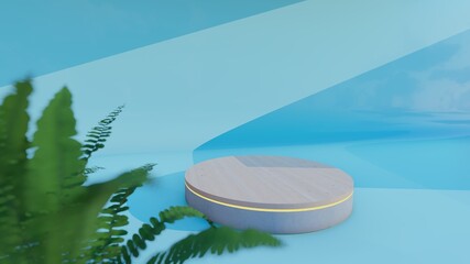 A wooden topped product display podium with blurred natural leaves background. 3D rendering