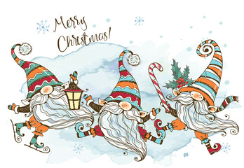 Christmas card with a fun cute family of Nordic gnomes with gifts. Watercolors and graphics. Doodle style