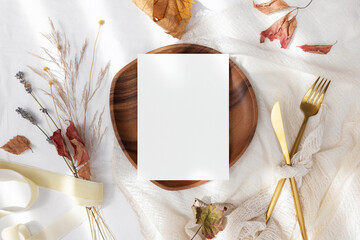 Fall mockup card 5x7 on wooden plate