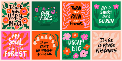 Hand drawn motivational quotes to keep inspired for success, lettering posters, greeting cards. Phrases for business goals, self development, life coach. Perfect for prints, wall art and social media.