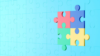 Colorful puzzle composition on blue background. 3D render illustration. Clipping path of each element included.