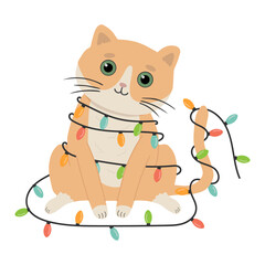 Vector illustration of a cute cat decorated with garland.  Holiday vector illustration for postcard.