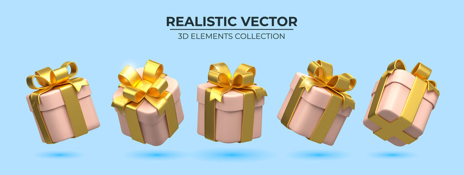 Set of Realistic 3d pink gift box with golden ribbons isolated on a blue background 3d render flying modern holiday surprise box. Festive decorative 3d render object Realistic vector decor