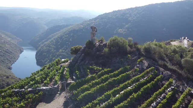 Ribeira Sacra, vineyard planting terraces along the Sil River and a tribute monument to the grape harvesters