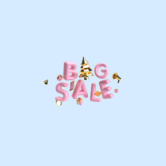 3d pink big discount sale blue background. Big word SALE illustration with gift boxes, credit card and  christmas tree