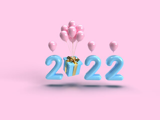 Happy New Year 2022. Figures in cartoon style. Realistic 3d render blue sign. Christmas poster, banner, cover, brochure, flyer, layout design