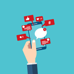 Social Media Smart Phone, Viral content, social media marketing and social media activity - likes, shares and comments popping up on the mobile screen