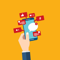 Social Media Smart Phone, Viral content, social media marketing and social media activity - likes, shares and comments popping up on the mobile screen