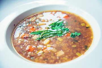 Delicious homemade traditional polish soup cooked with lentils and vegetables