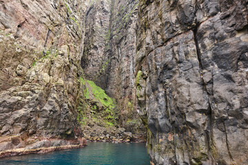 Rocky coastline cliffs landscape in Faroe islands. Vagar island