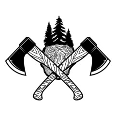 Crossed lumberjack axes with wood cut. Design element for logo, emblem, sign, poster, t shirt. Vector illustration