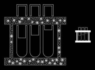 Glossy polygonal mesh net chemical test tubes icon with glare effect on a black background. Wire frame chemical test tubes iconic vector with flash dots in vibrant colors.