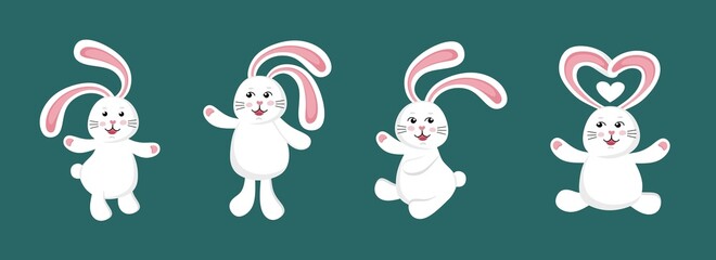 Funny cute white rabbit. A set of illustration characters. Vector illustration in a flat style.