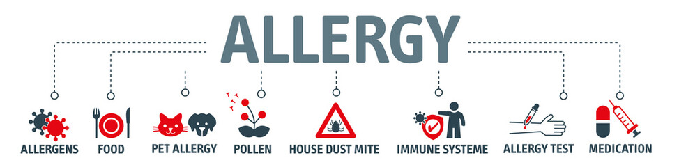 Fototapeta na wymiar Allergy vector icon concept - Banner with symbols on white background