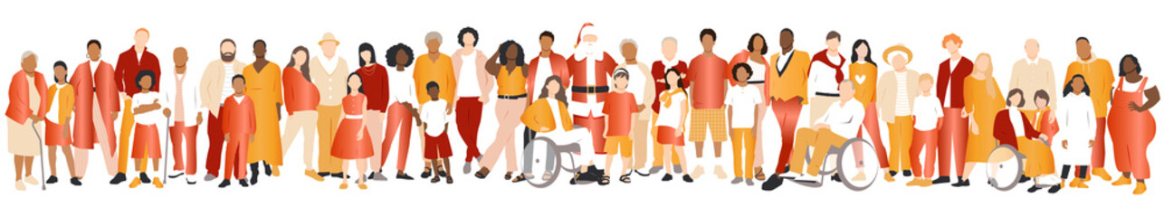 Obraz premium Merry Christmas and Happy New Year card. Multicultural group of families.