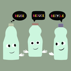 Eco illustration with doodle plastic bottles with hands and speech bubbles. Recycle, reduce, reuse. Use less plastic, go green concept. Zero waste. Flat vector illustration with colorful letters.