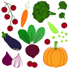 Fresh organic set of vegetables. Vegetarian healthy food. Vegan, farm, organic, natural. Flat icons: pumpkin, tomato, beet, broccoli, carrot, eggplant, green pea, red onion.