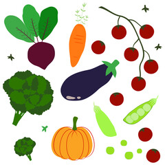 Fresh organic set of vegetables. Vegetarian healthy food. Vegan, farm, organic, natural. Flat icons: pumpkin, tomato, beet, broccoli, carrot, eggplant, green pea, pea.