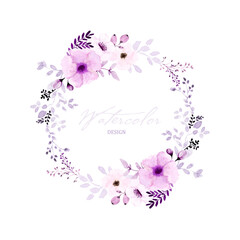 Watercolor wreath design with purple flowers and leaves