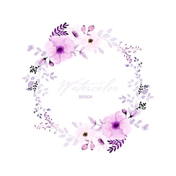 Watercolor wreath design with purple flowers and leaves